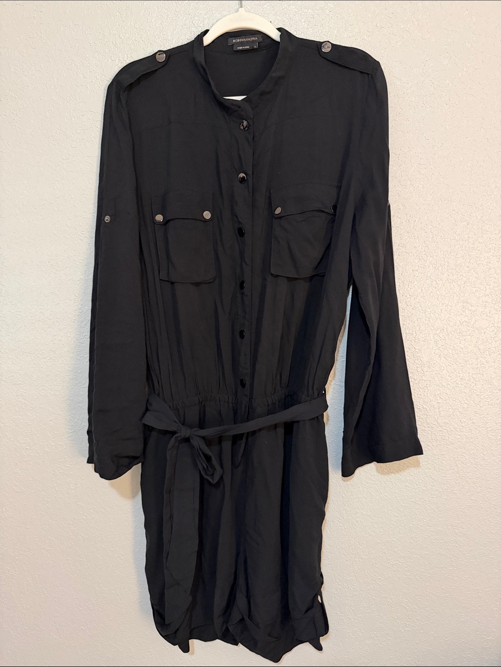 Black Long Sleeve Belted Utility Romper